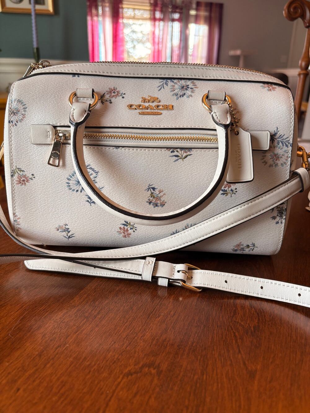 Coach Rowan Satchel Dandelion Floral Print Chalk Ivory Crossbody Bag Gold